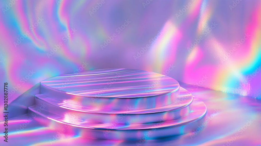 Poster iridescent abstract background with podium and colorful light reflections