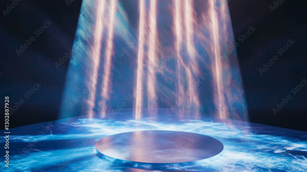 Poster futuristic abstract background with suspended podium and dynamic lighting effects