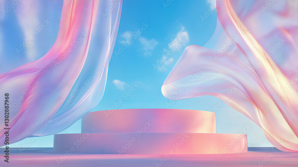 Poster dreamy abstract background with pastel podium and flowing fabric for elegant display design