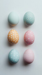 at the bottom of the image are seven eggs with free space on top of image for text, creative geometric pattern on pastel colors eggs