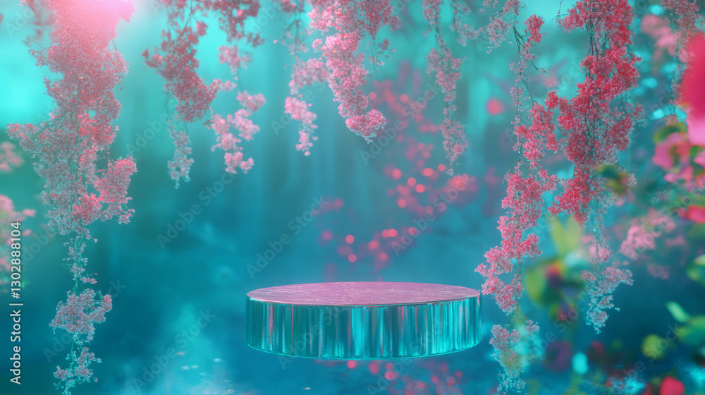 Aufkleber enchanting abstract background with floating podium in a floral fantasy scene