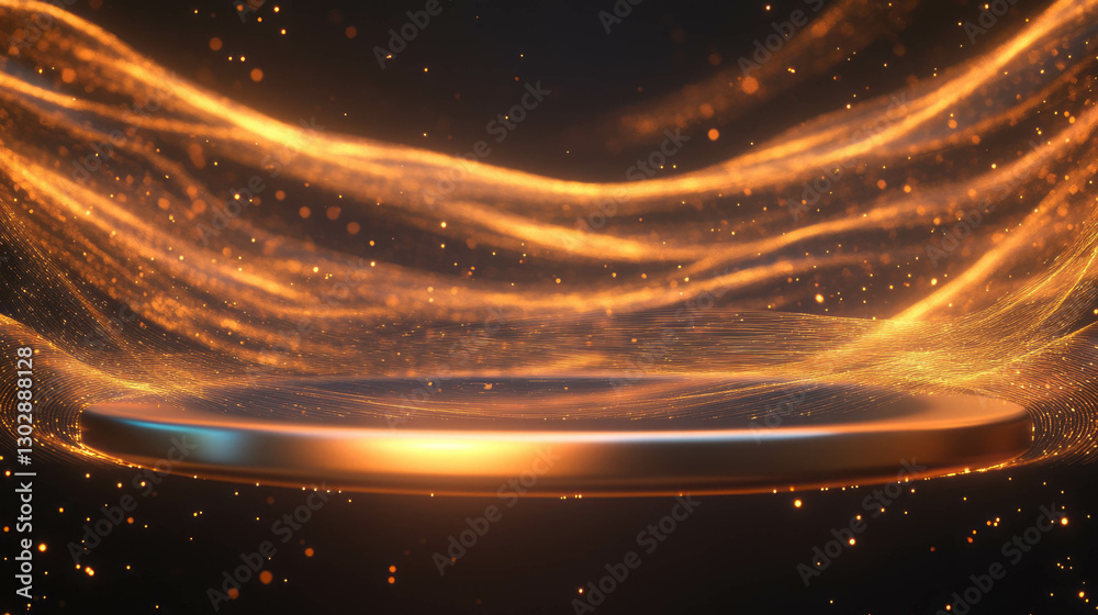Poster Futuristic abstract background with floating podium and glowing light trails