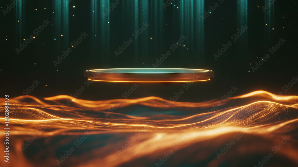Poster futuristic abstract background with suspended podium and light effects for digital design