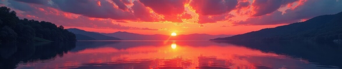 Fototapeta premium Fiery sunset paints sky, reflecting on calm District Lake water, photography, destination