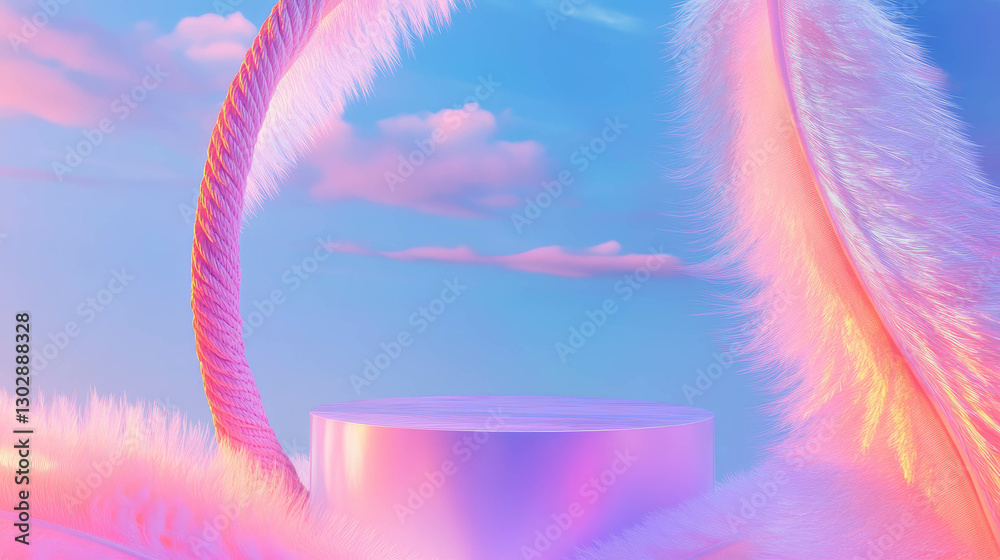 Poster dreamy abstract background with suspended podium and soft pastel clouds