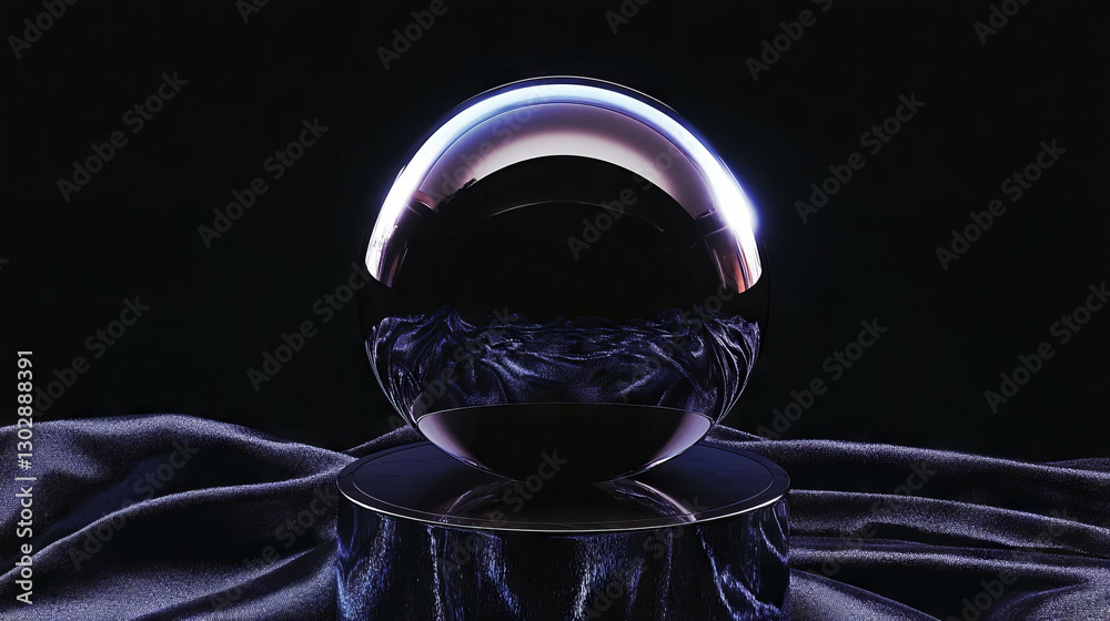 Poster Abstract polished black sphere on reflective surface in dark setting for artistic design