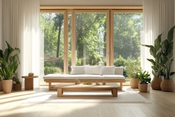 Fototapeta premium Sunlit minimalist living room with wooden furniture and plants.