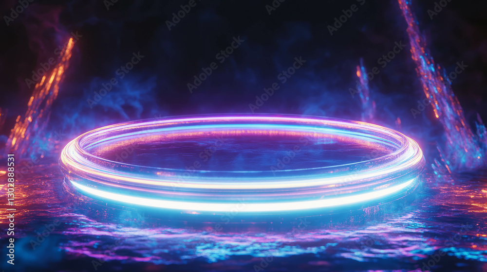 Poster futuristic abstract background with rotating glass podium and neon lights for creative design
