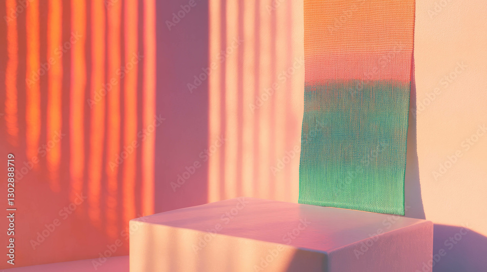 Poster Minimalist abstract background with sunlit gradient and white podium for design concepts