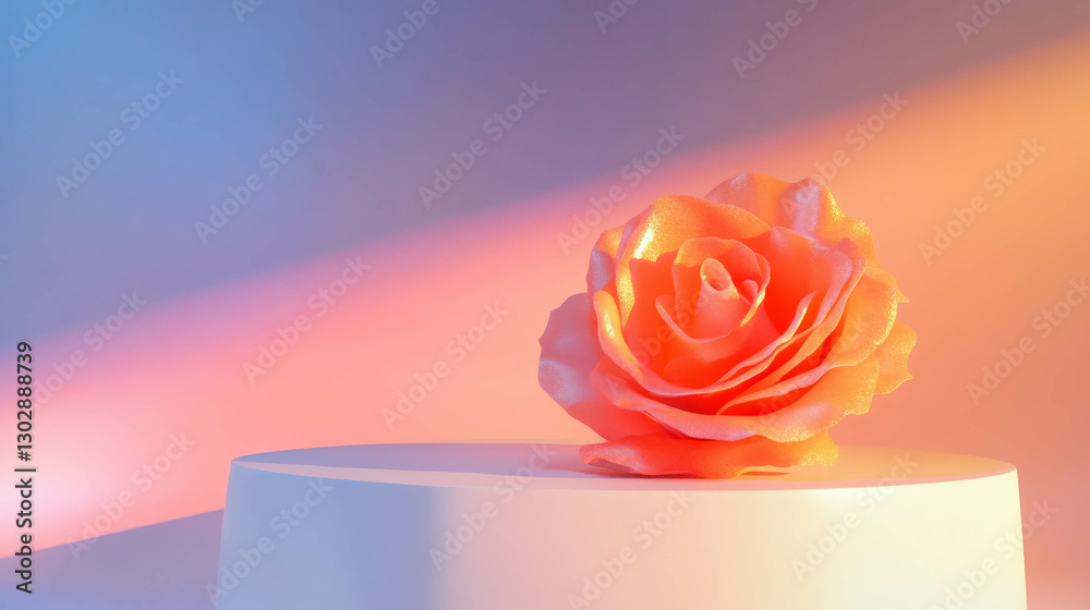 Poster elegant rose on minimalist white podium against soft gradient background for creative display