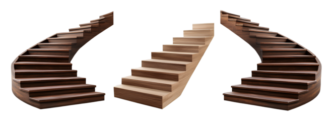 3 different wooden staircases, isolated on a transparent background, PNG file