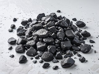 Small rocks in muddy blackish scattered pile with texture on plain white background