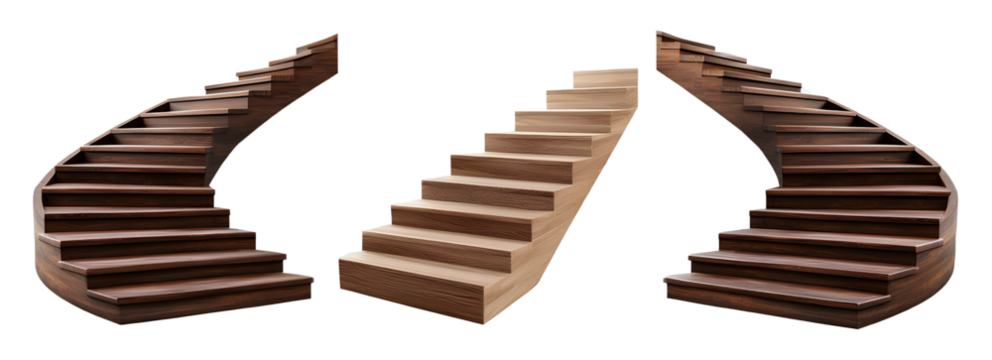 3 different wooden staircases, isolated on a transparent background, PNG file