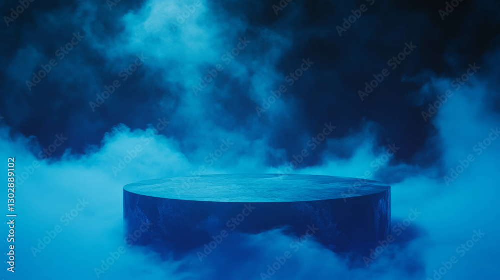 Poster Mysterious abstract background featuring a textured stone podium in a misty environment