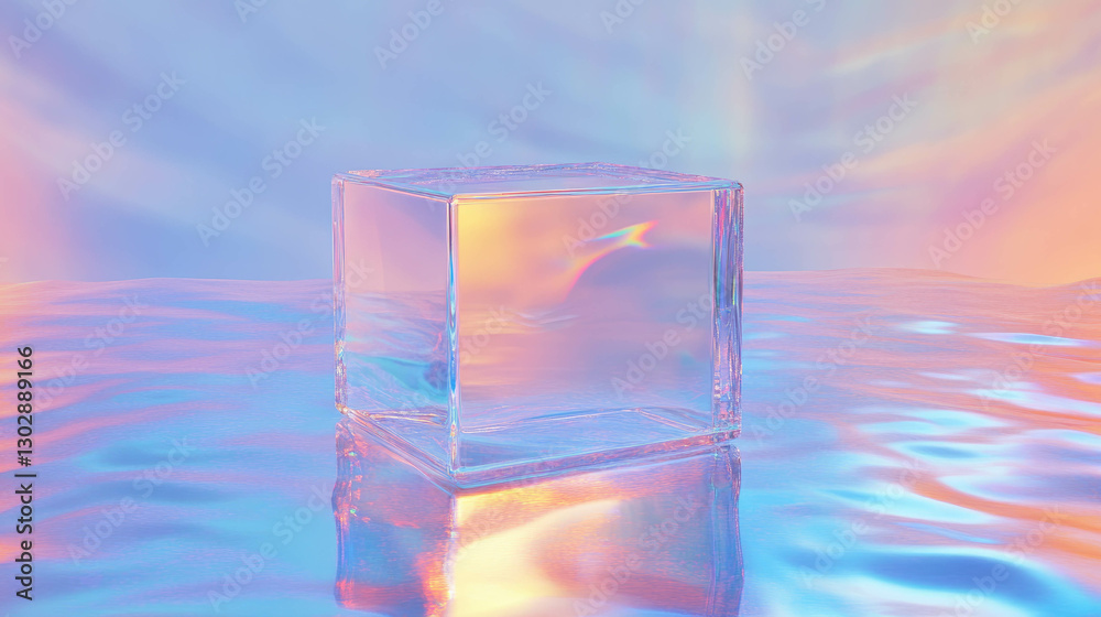 Poster transparent glass cube on iridescent surface background for modern design
