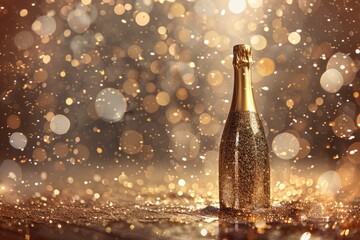 Sparkling champagne bottle surrounded by shimmering droplets and soft bokeh lights, creating a festive atmosphere