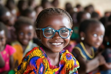 Smiling african child wearing glasses in colorful classroom setting