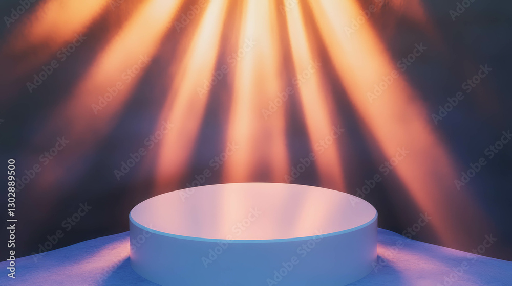 Poster illuminated white podium with radiant abstract background for display concepts