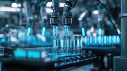 Automated Pharmaceutical Production Line: High-Tech Robotic System Filling Vials with Medication