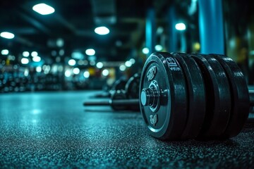 Dark gym interior with focus on dumbbell and blurred background lighting