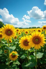 Fototapeta premium Golden sunflowers stretch to horizon, fluffy clouds drift above , photography, botanical