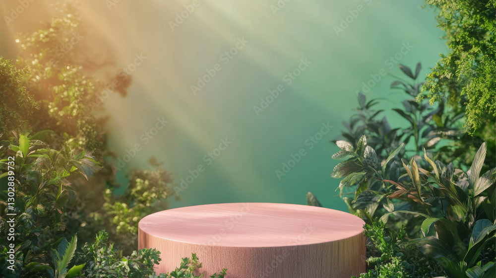 Aufkleber abstract nature setting with wooden podium and sunlit greenery for presentation design