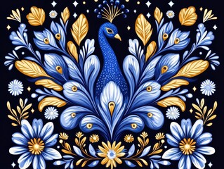 Obraz premium Vibrant peacock surrounded by intricate floral patterns on a dark background