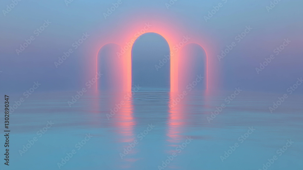 Poster surreal abstract background with glowing arches and reflection