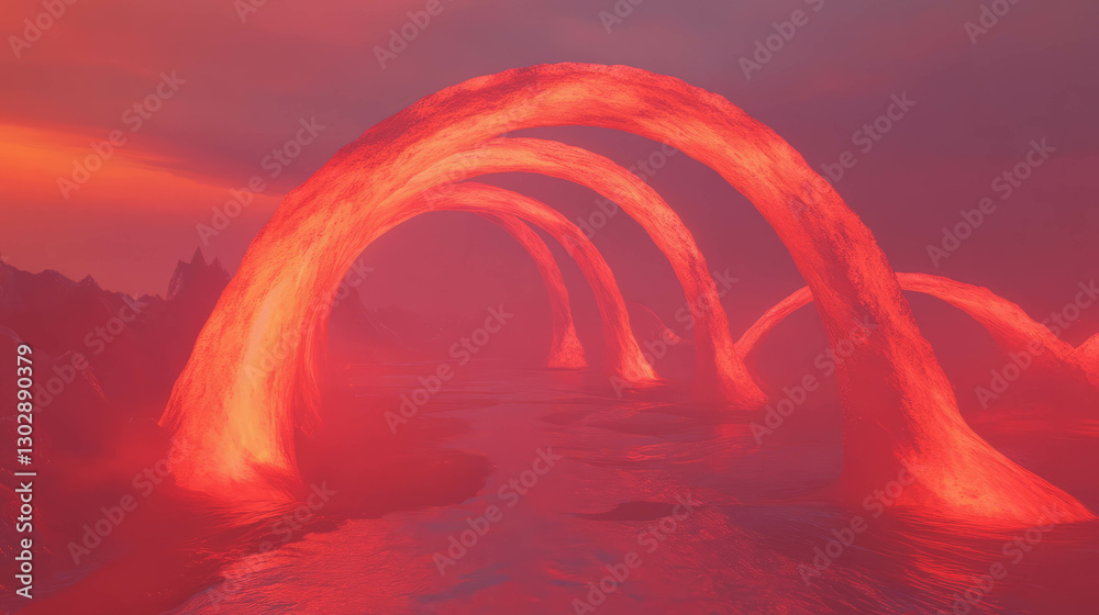 Poster surreal abstract background with glowing red arches in a dreamlike landscape