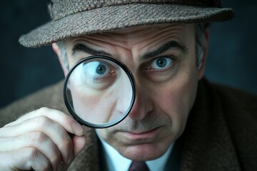 Elderly caucasian male detective investigating clue with magnifying glass