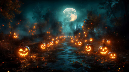 Jack-o'-lanterns illuminate path, spooky forest, full moon, Halloween