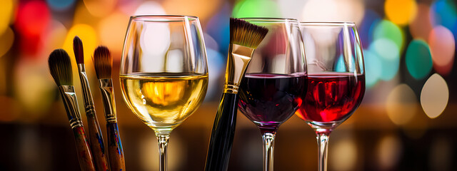 Vibrant Art Studio with Paintbrushes and Wine Glasses