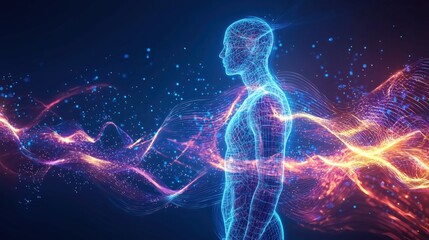 Human Figure Surrounded by Electromagnetic Energy Waves