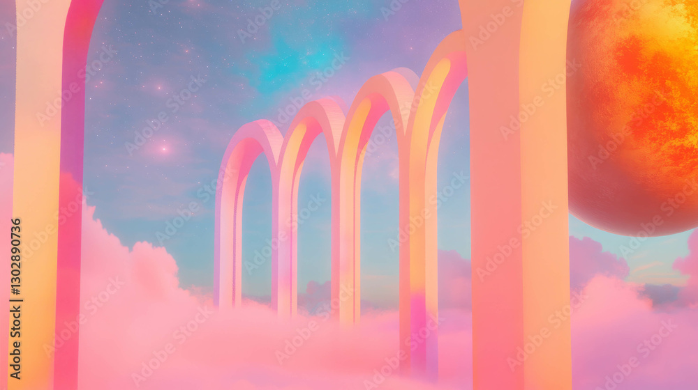 Poster surreal dreamscape with celestial arches amidst colorful clouds for creative design