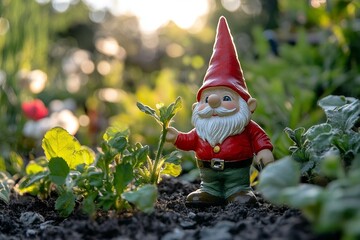 Cheerful garden gnome with red hat amidst lush greenery in sunlit garden