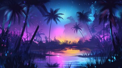 Tropical Lake at Night with Palm Trees and Neon Sky Reflection