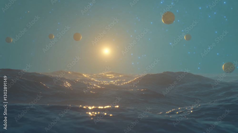 Poster celestial seascape with planets and stars in a dreamlike abstract background
