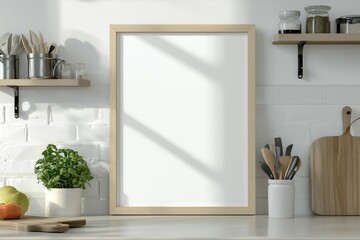 Mockup de moldura vertical em cozinha moderna com utensílios, plantas e decoração minimalista, criado com IA generativa para visualização de arte e design