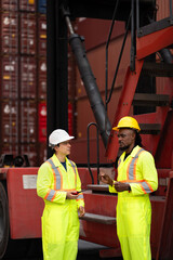 Caucasian and African American engineer worker working at container site	