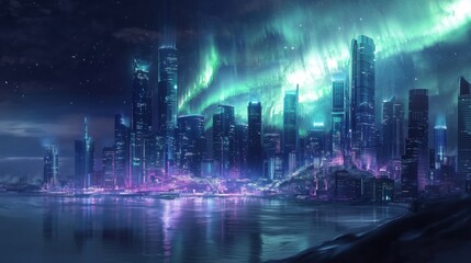 Fototapeta premium Futuristic City Under Aurora Borealis - A Cyberpunk Nightscape