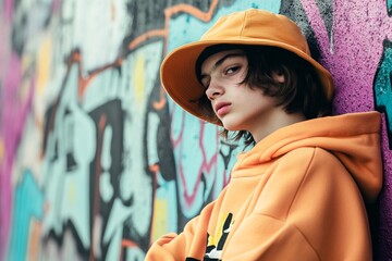 Fototapeta premium Teenage male in orange hoodie and hat posing against graffiti wall