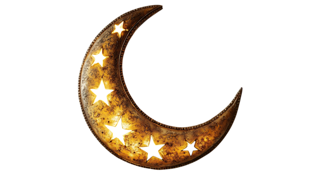 Crescent moon with stars, glowing, rustic design