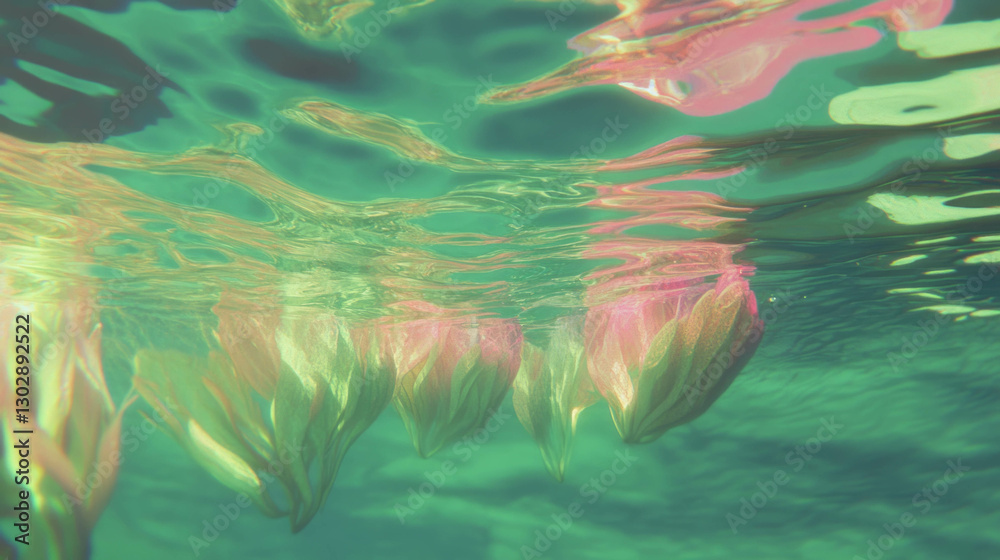 Poster surreal underwater scene with abstract organic shapes and flowing forms