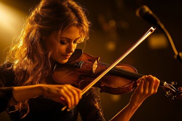 Fototapeta premium Young caucasian female violinist performing on stage with passionate emotion