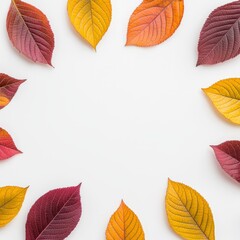 Fototapeta premium Autumn Leaves Arranged in Circular Frame on White Background