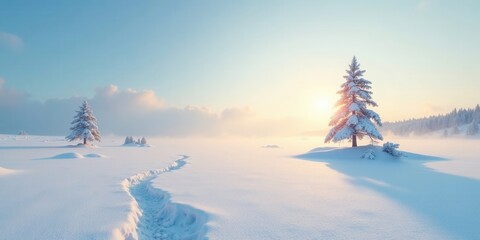 Serene winter landscape featuring snow-covered evergreens and a sunlit path across a pristine snowfield at sunrise