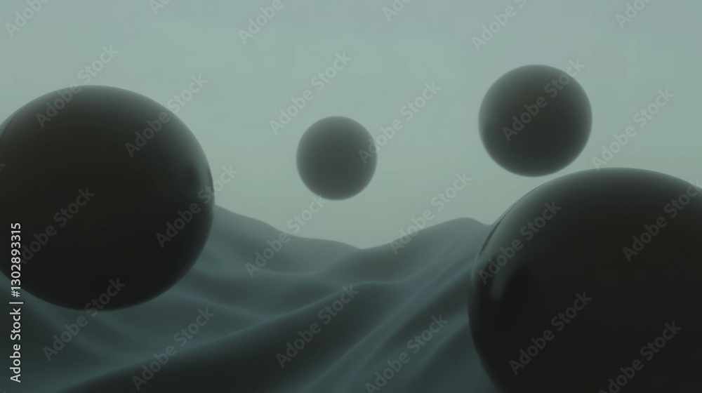 Poster abstract geometric shapes with textured spheres and waves