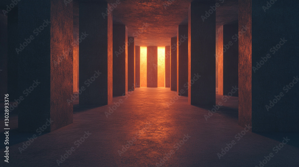 Poster mysterious corridor with textured stone columns and ambient lighting