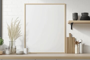 Mockup de moldura vertical em cozinha moderna com utensílios, plantas e decoração minimalista, criado com IA generativa para visualização de arte e design