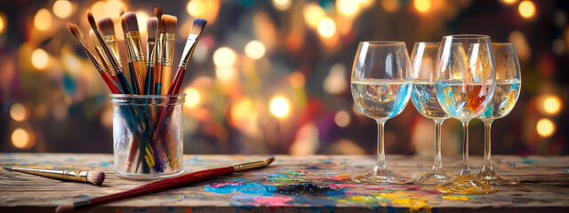 Modern Artistic Workspace with Paint and Wine
